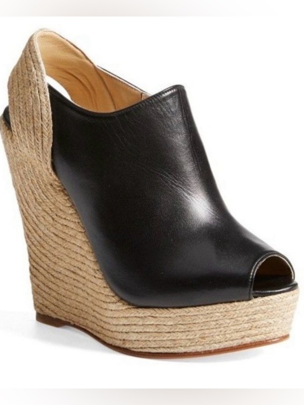 Gucci Black Leather Peep-Toe Espadrille Wedge